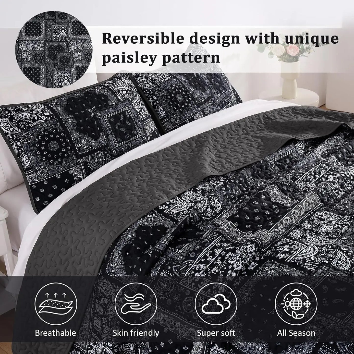 King Size Patchwork Quilt Set, Black Grey Bedspread with Paisley Floral Design, Soft Microfiber 110"x90"