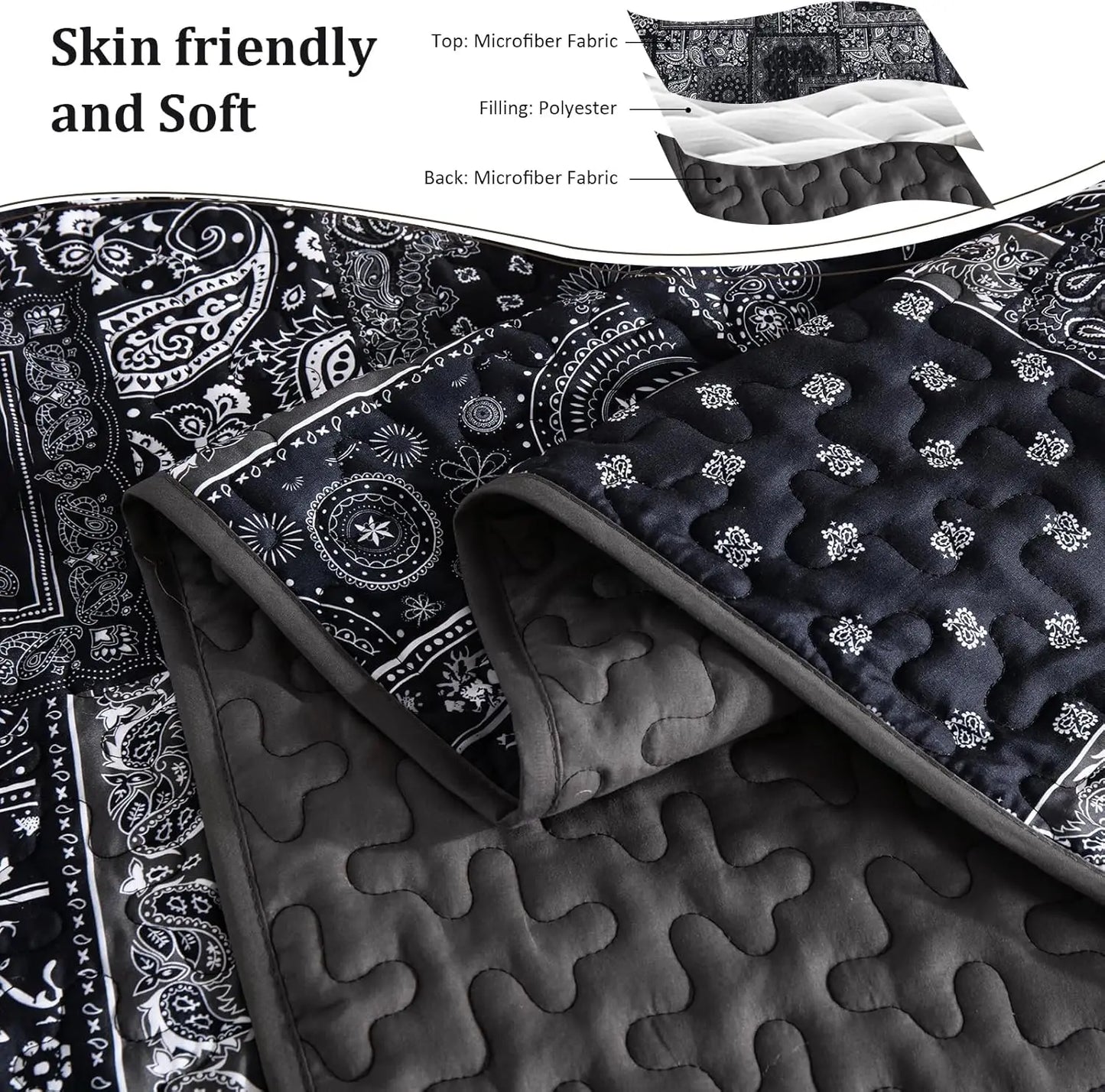 King Size Patchwork Quilt Set, Black Grey Bedspread with Paisley Floral Design, Soft Microfiber 110"x90"